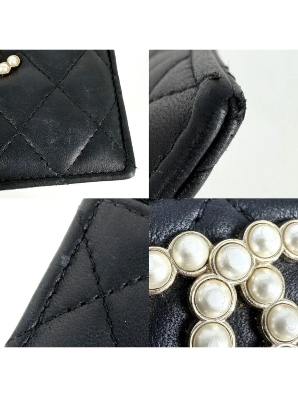 Chanel Coin Purse Quilted CC Logo Card Slot Polka Dot Lambskin Faux Pearl Black